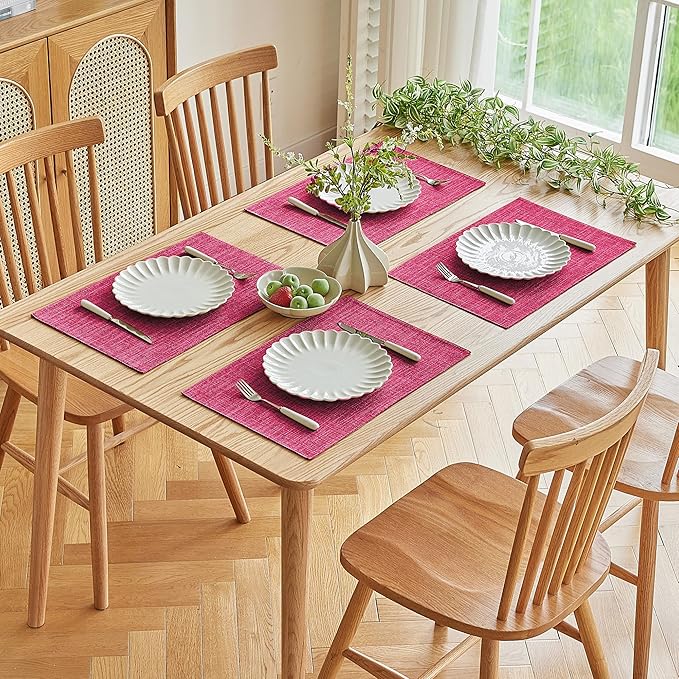 Softalker Faux Linen Placemats Set of 4-12 x 18 Inch, Heat Resistant Double Layered Durable Burlap Farmhouse Place Mats, Non-Slip Washable Rustic Table Mats for Dining, Kitchen, Party(Pink