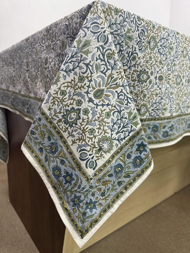 Ridhi Indigo Floral Hand Block Print Cotton Rectangle Tablecloth 70 x 108 inches Reusable Table Cover Decorative Everyday Use for Dining Room, Farmhouse, Home, Party, Festive & Wedding, Fall