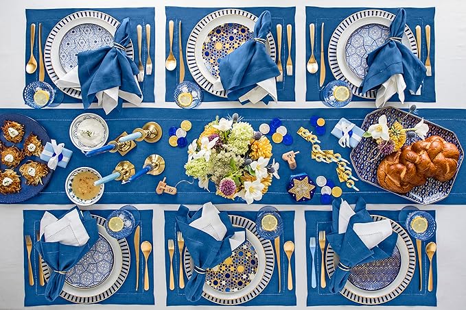Solino Home Linen Placemats Set of 4 - Classic Hemstitch Indigo Blue Placemats 14 x 19 Inch - 100% Pure Linen Table Mats for Fall, Autumn, Christmas, Holiday, Winter