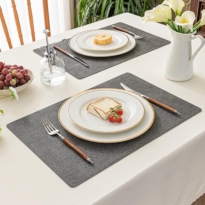 Romanstile Vinyl Placemats Set of 4-12 X 18 Inch - Heat Resistant Place Mats 100% Waterproof Oilproof Wipeable Reversible Faux Leather Table Mats for Kitchen/Dining/Party/Holiday, Dark Grey