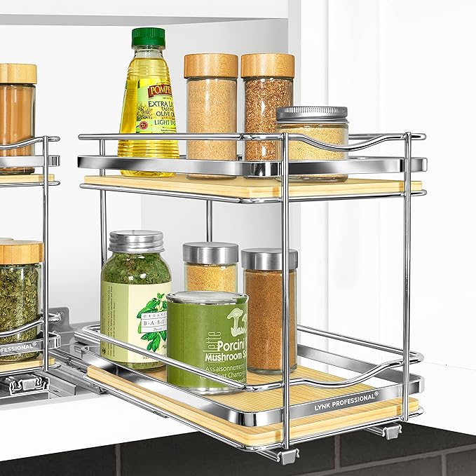LYNK PROFESSIONAL® Élite™ Pull Out Spice Rack Organizer for Inside Kitchen Cabinets - 6-3/8 inch Wide - Slide Out Drawer – Wood/Chrome Sliding Spice Cabinet Organization Shelf Racks - 2 Tier