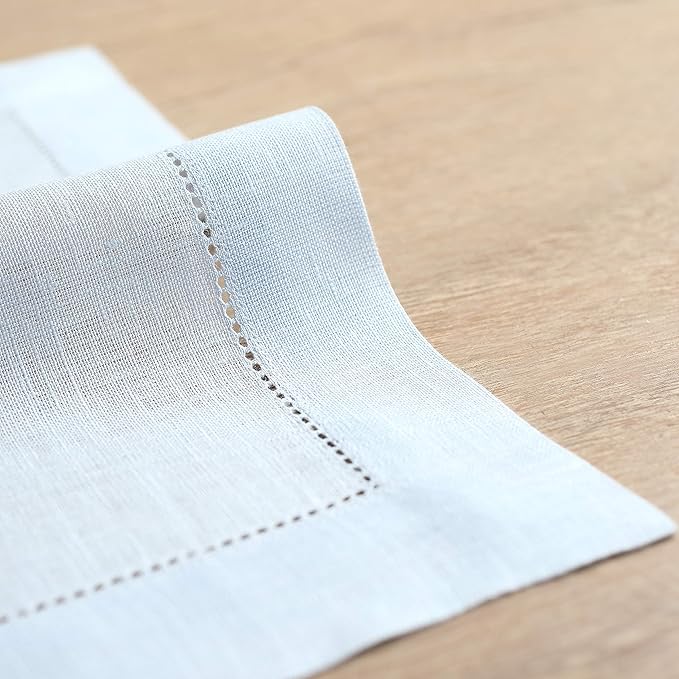 Solino Home Light Blue Linen Napkins Set of 6-100% Pure Linen Hemstitch Dinner Napkins 20 x 20 Inch for Christmas, Winter - Classic Hemstitch
