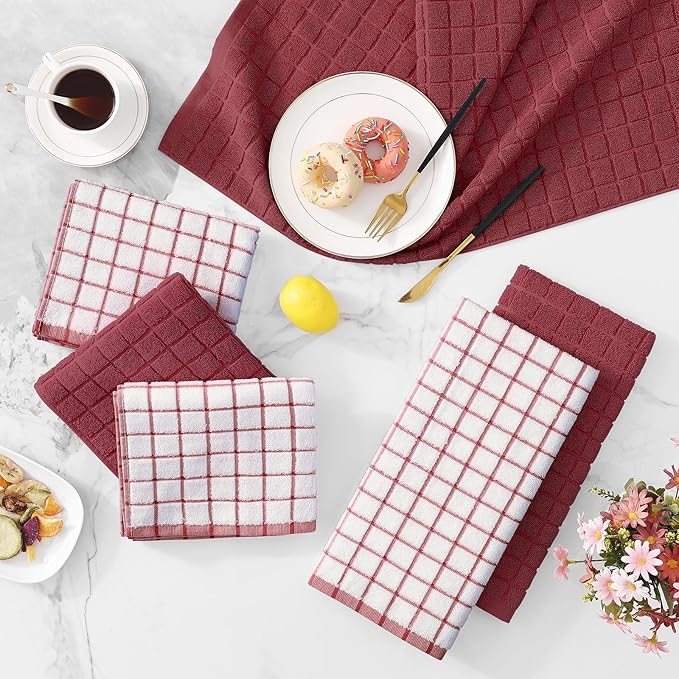 Homaxy Premium Cotton Kitchen Towels 16"x 28", Large Natural Ring Spun 390 GSM Dish Towels, Super Absorbent Terry Kitchen Hand Towels, Soft Tea Towel with Hanging Loop, Red Check Design,8 Pack