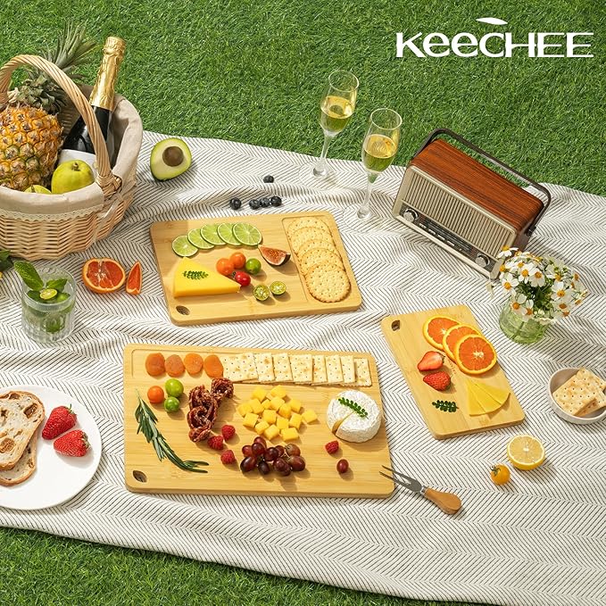 Wood Cutting Board for Kitchen - Reversible Bamboo Cutting Boards Gift Set of 3 with Juice Groove, Wooden Chopping Board for Meat, Fruit, Vegetables & Cheese (Pre Oiled, Natural)