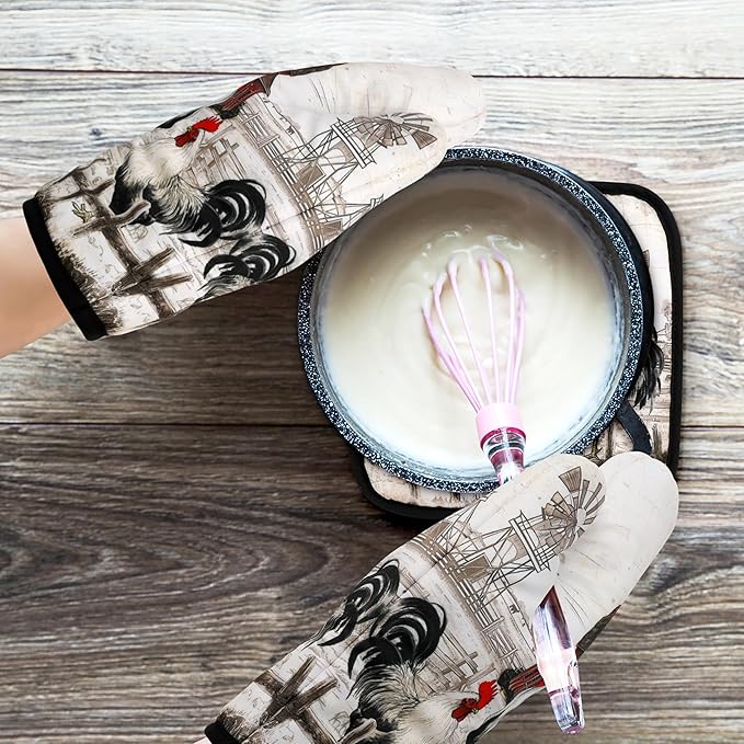 Rooster Print Oven Mitts and Pot Holders Sets of 4 Rustic Chicken Kitchen Mitts Potholders Heat Resistant Farmhouse Cute Oven Gloves Hot Pads for Chicken Kitchen Decor