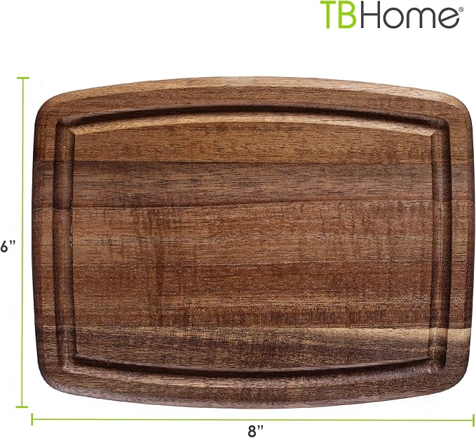 TB Home Acacia Wood Cutting Board with Juice Groove, Small Wooden Cutting Board for Kitchen, 8" x 6" x 5/8"
