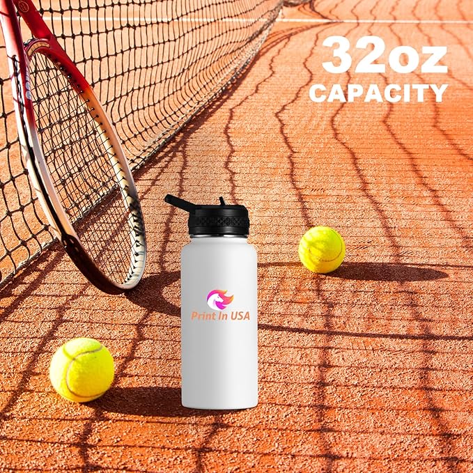 Personalized Custom Print in USA Water Bottle 32oz Stainless Steel Double Wall Coffee Cup with Lid & Straw Insulated Tumbler with Colorful Text Logo Photo