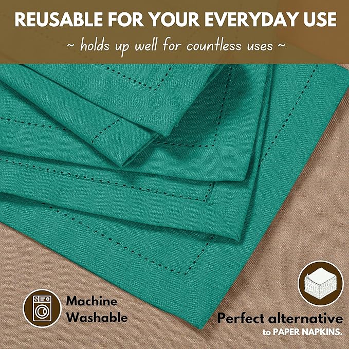 Native Fab Cloth Napkins Set of 12, 100% Cotton, Hemstitched Mitered Edges, Washable Fabric Napkins, 18x18 inch, Soft, Breathable, Reusable Linen Napkins for Events, Party, Luncheon - Royal Green