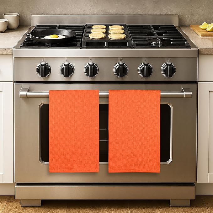 PurpleEssences Waffle Weave Kitchen Towel, 100% Cotton, 15x25 Inches, with Hanging Loop Ultra Soft Absorbent Quick Drying Dish Cloth, Tea and Hand Towels, 6 Pack - Christmas Holiday Winter - Orange