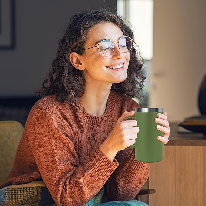 DOMICARE 24oz Mug with Handle and Lid, Stainless Steel Coffee Mug, Travel Mug with Handle, Double Wall Vacuum Coffee Tumbler, Reusable Insulated Cup, Army Green, Pack 4