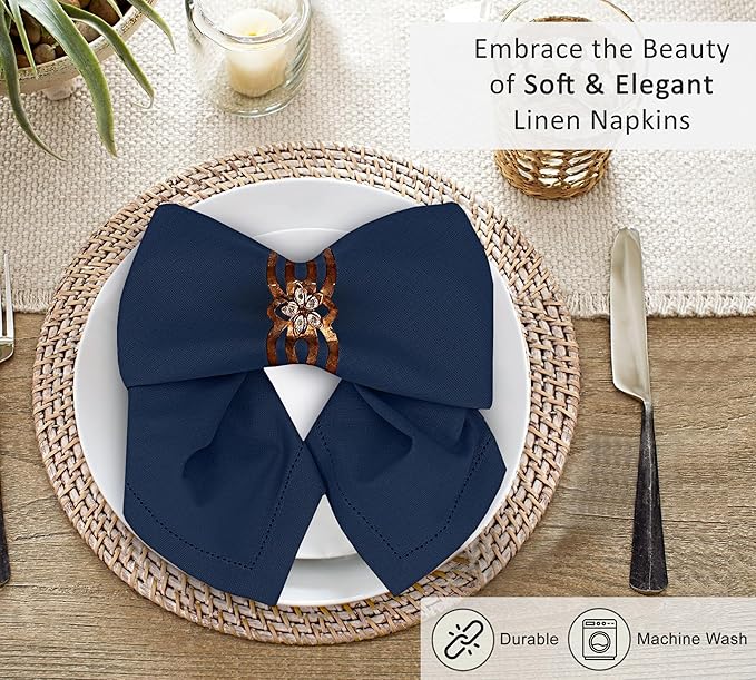 Ruvanti Premium Linen Napkins Set of 4-20x20 Inch, Classic Hemstitch, Mitered Corner Cloth Napkins - Soft, Elegant Dinner Napkins Cloth Washable for Weddings, Parties, Everyday Use - Navy