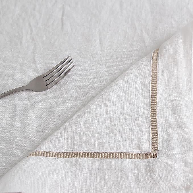 Linen World Hemstitch Linen Tablecloth,100% Natural French Flax,60x90Inch Handcrafted White-Natural Linen Table Cloth,Tabletop,Table Cloths for Kitchen,Dining,Daily Use(White-Natural)