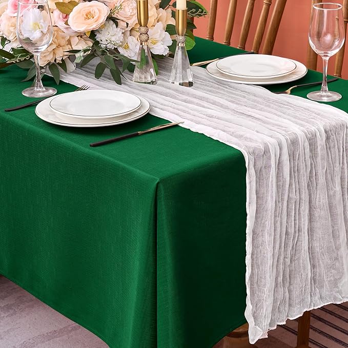 Fitable 2 Pack Faux Linen Christmas Tablecloths, Burlap Textured Table Cloth Rectangle, Decorative Table Covers for Winter Holiday Kitchen Dining Party Farmhouse (Hunter Green, 60 x 120 Inch)