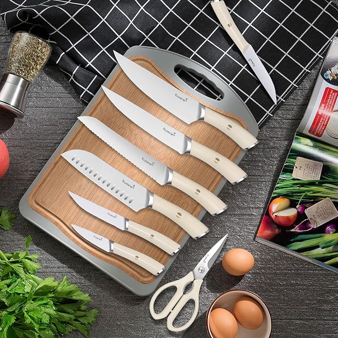 Kuisine Kitchen Knife Set,High Carbon Stainless Steel Ultra Sharp Blade Ergonomic Handle,Knife Block Set with Built-in Sharpener,Elegant Gift for Holiday(Irovy-Acacia,15PCS)