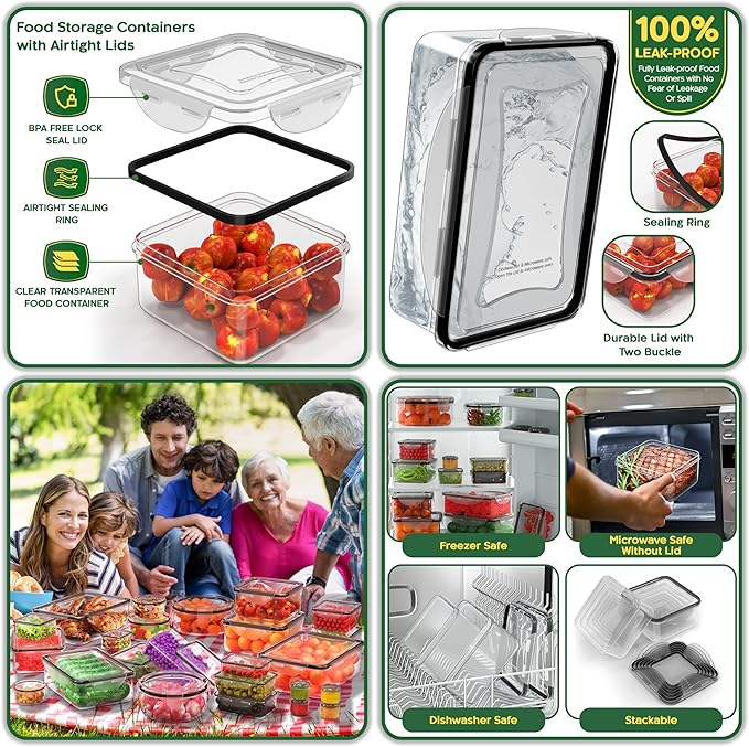 RockBerry 66 Pcs Large Food Storage Containers with Lids Airtight-Total 19075ML Stackable Kitchen Bowls Set(31 Containers,31 Lids) 2500ML to Small Box-BPA Free Leak proof Plastic Boxes-Microwave safe