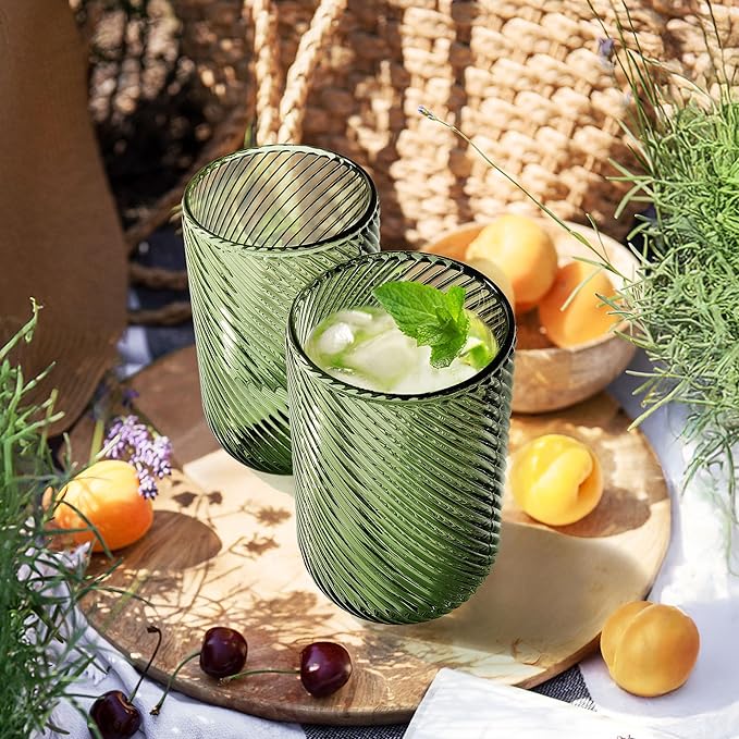 Joeyan Vintage Drinking Glasses,Ribbed Embossed Colored Highball Water Glasses Cups,Colorful Tumbler Glassware for Beverages Cocktail Whisky Beer Juice,14 oz,Set of 4,Dishwasher Safe