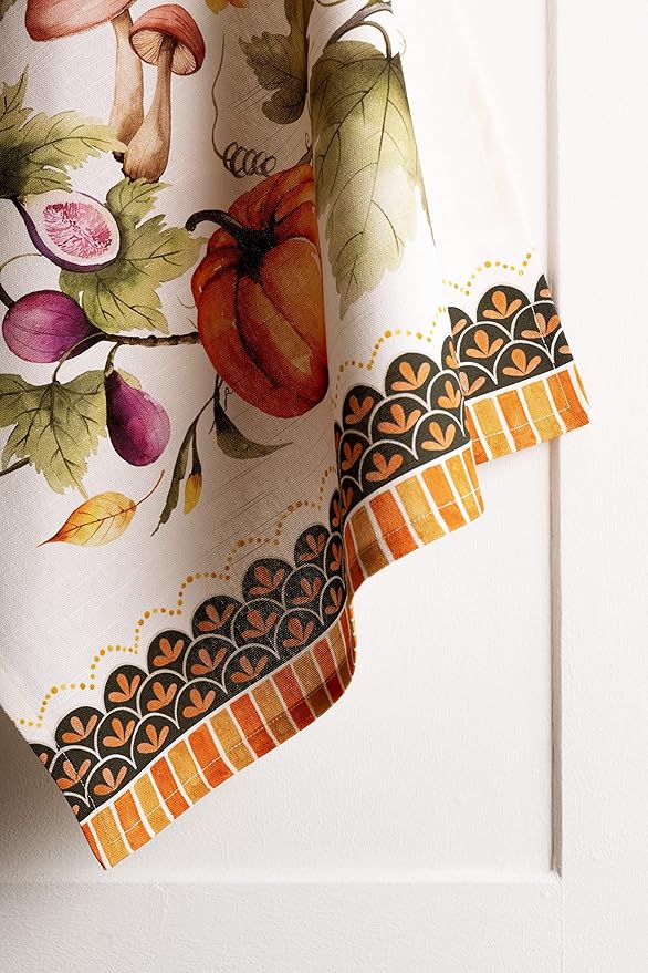 Maison d' Hermine Kitchen Towels Set of 3 100% Cotton 20" x 27.5" Reusable Cloth Tea Dish Towels Absorbent with Hanging Loop for Dining Thanksgiving Christmas Decorations (Pumpkin Garden - Dark Green)