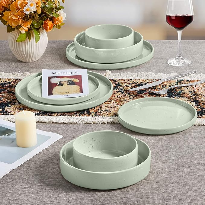 Herogo 8 Piece Plates and Bowls Set, Kitchen Dinnerware Sets with Pasta Bowls, Dinner Ware Dishes Service for 2, Chip & Scratch Resistant Porcelain Kitchen Dishware, Speckled Light Green