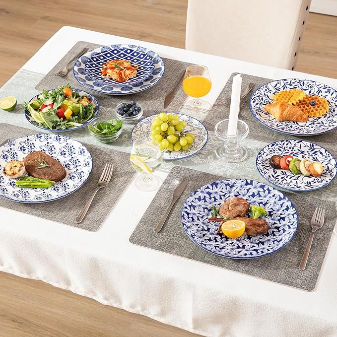 Sweejar Plates and Bowls Set for 4, 12 Pieces Handmade Ceramic Dinnerware Sets, Highly Scratch Resistant Dishes Set for Kitchen, Porcelain Dishwasher & Microwave Safe Dishes Set (Vintage Blue)