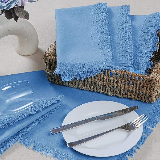 Bedding Craft Cotton Cloth Dinner Napkins Set of 12 – 18x18 Light Blue with Frayed Selvedge Edges – Machine Washable Fabric Napkins for Weddings, Baby Showers, Parties & Dining