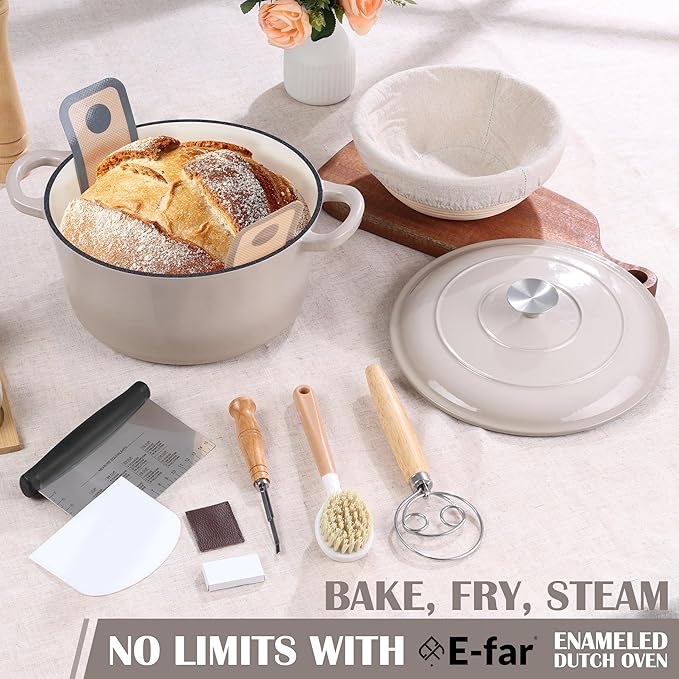 E-far Enameled Dutch Oven Pot for Bread Baking, 6QT Enameled Cast Iron Cookware with Self-Basting Lid & Sourdough Bread Baking Supplies, Heavy Duty Casserole Pot & Dual Handles-Khaki