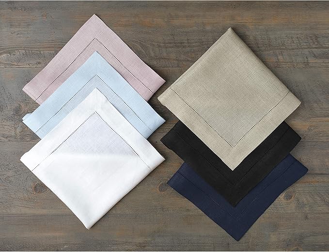 Solino Home Pink Linen Napkins Set of 6-100% Pure Linen Hemstitch Dinner Napkins 20 x 20 Inch - Classic Hemstitch