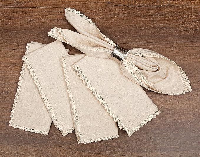 Bedding Craft Cloth Dinner Napkins Linen Flax Cotton 18x18 Set of 12 – Natural with Lace & Mitered Corners – Machine Washable Reusable Fabric Napkins for Weddings, Parties & Table Decorations