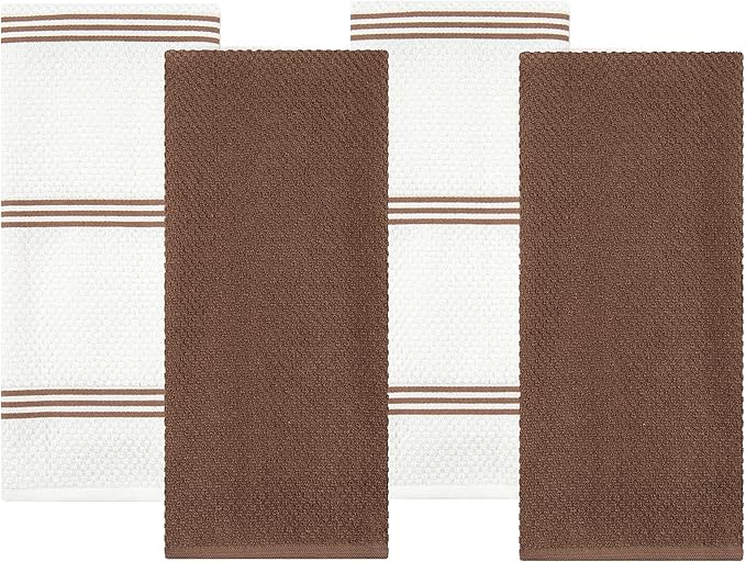 Sticky Toffee Cotton Kitchen Towels Set of 4 – Brown and White Hand Towels 28x16 in, Reusable and Absorbent Tea Towels for Cleaning or Drying, Oeko-Tex Cotton
