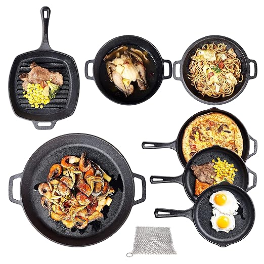 Bruntmor 8 Piece Cast Iron Cookware Set - Pre-Seasoned Pots and Pans Set with Cast Iron Skillets, Grill Pan, Dutch Oven, Pizza Pan, and Scrubber - Heavy Duty Cooking for Home Kitchen or Camping
