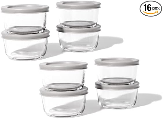 16-Piece Glass Food Storage Containers Set (8 Containers + 8 BPA-Free Lids) | 7-Ounce, Leakproof | Microwave, Freezer, Oven & Dishwasher Safe | Ideal for Meal Prep & Pantry Organization