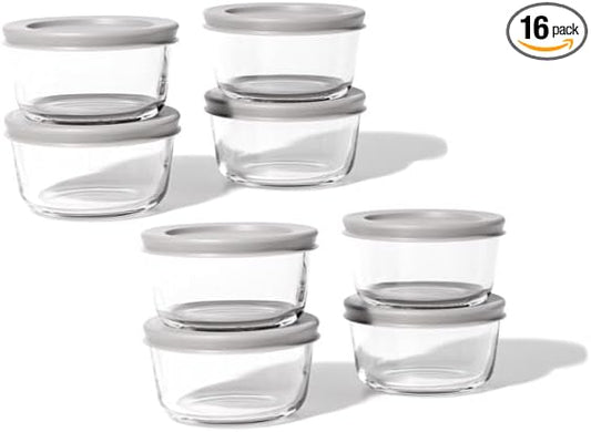 16-Piece Glass Food Storage Containers Set (8 Containers + 8 BPA-Free Lids) | 7-Ounce, Leakproof | Microwave, Freezer, Oven & Dishwasher Safe | Ideal for Meal Prep & Pantry Organization