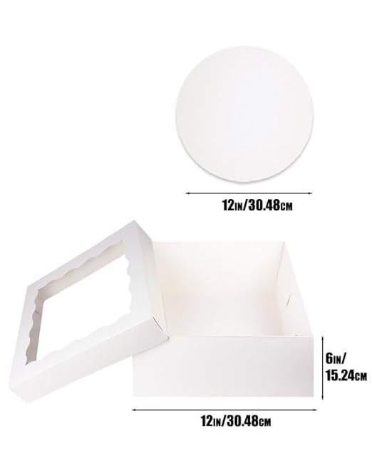 qiqee White 12x12x6 Cake Box, 4 Sets White Cake Box with Window ＆ 4 Sets 12" White Cake Round Boards, 12inch Cake Containers