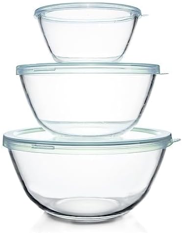 Luvan Glass Mixing Bowls with Lids Set(4.5QT, 2.7QT, 1.1QT)-Large Glass Mixing Bowls, Clear Salad Bowl for Baking, Cooking, Serving, Food Prep, 3PC Nesting Bowls for Kitchen Storage & Dishwasher Safe