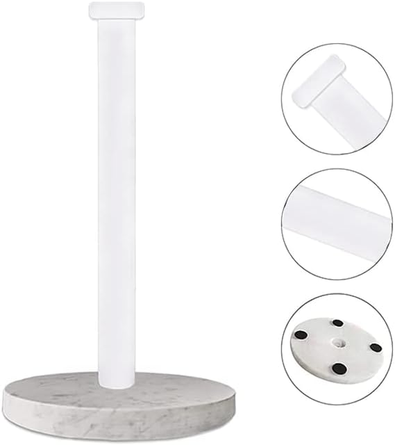 Paper Towel Holder Countertop, Standing Paper Towel Roll Holder for Kitchen Bathroom, with Weighted Marble Base for One-Handed Operation (White), White Marble Paper Towel Holder