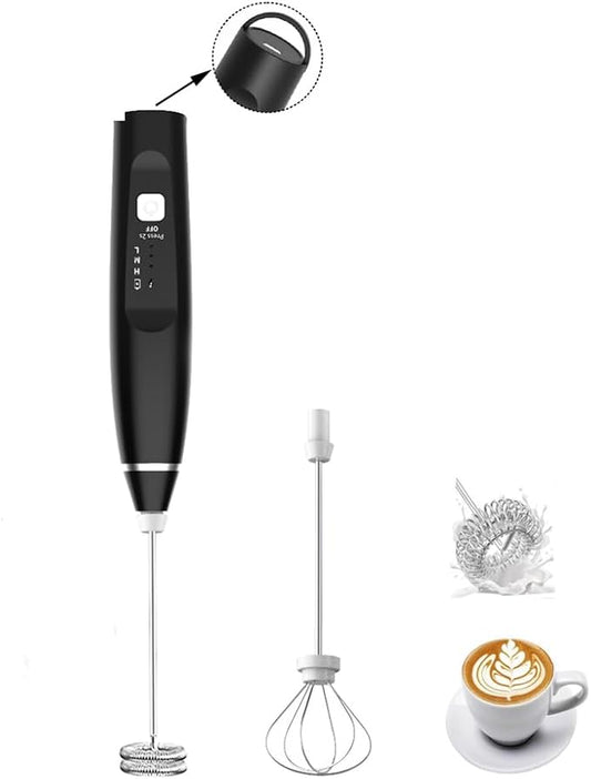 Milk Frother Handheld Foam Maker with 2 Stainless Stirring Head 3 Speed Rechargeable Electric Blender Milk Frother Wand Drink Mixer for Cappuccino Matcha Latte Hot Chocolate Protein Powder Egg (Black)