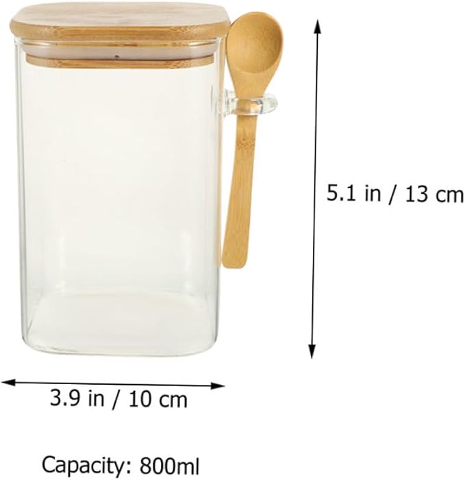 2 Sets Glass Food Storage Containers with Wood Lids and Spoons Airtight Sealed Clear Coffee Bean Holders and Tea Pots Easy Scoop Kitchen Pantry Jars for Freshness and Meal Prep