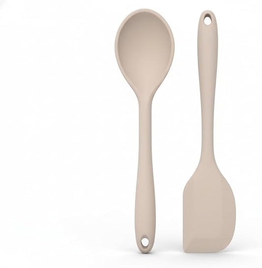 Non-Toxic Platinum Silicone Kitchen Utensil Set of 2 – Non-Scratch Cooking Spoon & Spatula, 100% Plastic Free, Stainless Steel Core, Heat Resistant 500°F, Beige