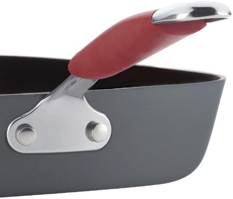Rachael Ray Cucina Hard-Anodized Nonstick 11-Inch Deep Square Grill Pan, Gray with Cranberry Red Handle - 87632