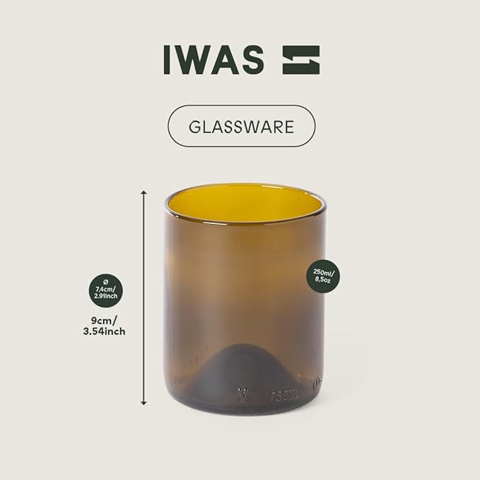 IWAS Upcycled Olive Drinking Glasses | 250 ML | 8.45 OZ | Set of 6 | Sustainable Water Glasses | Environmentally Friendly Dark Brown Glasses For Home