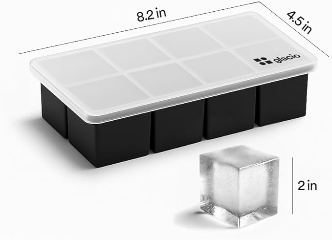 glacio Ice Cube Molds – 2-Pack Silicone Trays for 8 Large Square Cubes – Slow-Melt Ice for Whiskey, Cocktails, Coffee & More