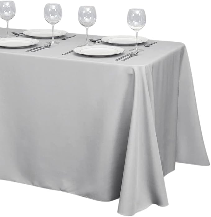 LTC LINENS Tablecloth 90 x 156-Inch Rectangular Polyester Tablecloth with Rounded Corners, Silver, (90156-010115)