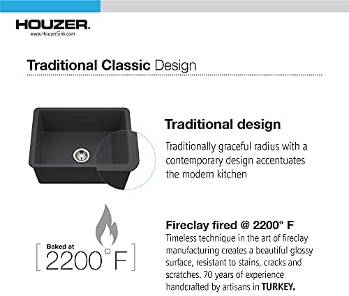Houzer PTU-2800 BL Platus Fireclay Undermount 26" Single Bowl Kitchen Sink, Black