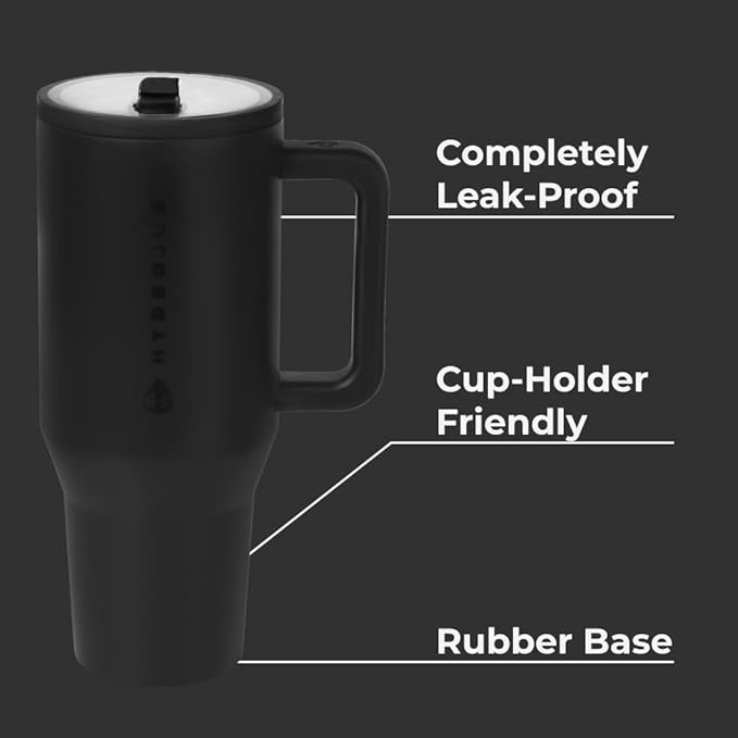 HydroJug Traveler - 32 oz Water Bottle with Handle & Flip Straw - Fits in Cup Holder, Leak Resistant Tumbler-Reusable Insulated Stainless Steel & Rubber Base - Gifts for Women & Men, Black