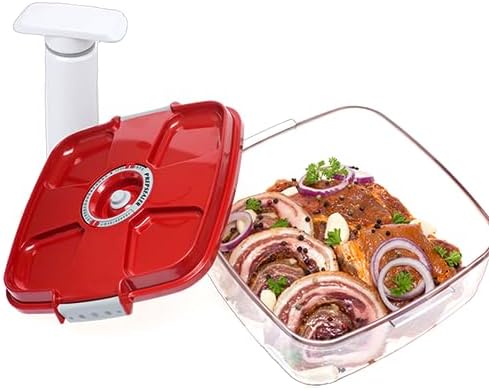 PrepSealer Marinating Vacuum System Container-Makes Food Tastier, Juicier, Healthier and More Tender (2 Liter, Square Shape, Tritan Material, Red Color, Manual Hand Pump Included)