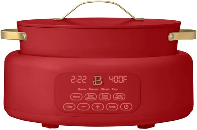 Beautiful 10-in-1 6Qt Electric Multi-Cooker with 7 Presets, Oven-Safe Pot & Lid, Sauté, Steam, Slow Cook, Slow Cooker, Simmer, Rice & More – Touch Display, Dishwasher Safe, Serves Up to 7 (Tomato Red)