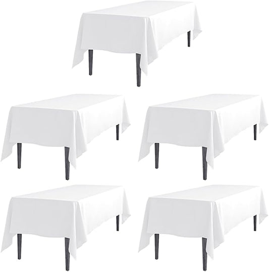 LTC LINENS 5 Pack White Rectangular Tablecloths 70 x 120 Inch for 6 or 8 Feet Rectangle Banquet Tables with Half-Drop - Stain and Wrinkle Resistant Polyester Cloth Table Covers for Party, Wedding