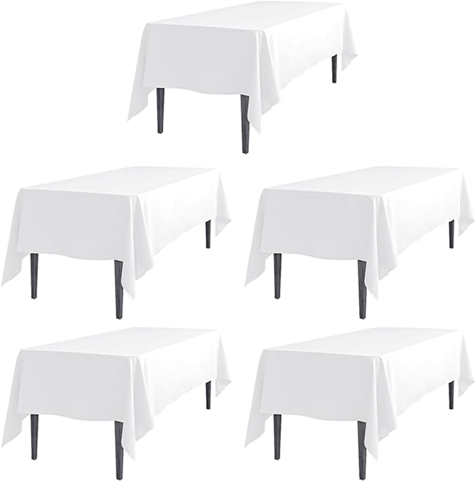 LTC LINENS 5 Pack White Rectangular Tablecloths 60 x 126 Inch for 8 Feet Rectangle Banquet Tables with Half-Drop - Stain and Wrinkle Resistant Polyester Fabric Cloth Table Covers for Party, Wedding