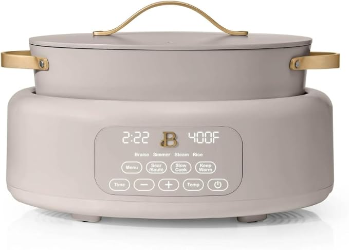 Beautiful 10-in-1 Electric Multi-Cooker by Drew Barrymore, 6-quart, digital display, 10 cooking functions, non-stick pot, easy one-touch control (Porcini Taupe)