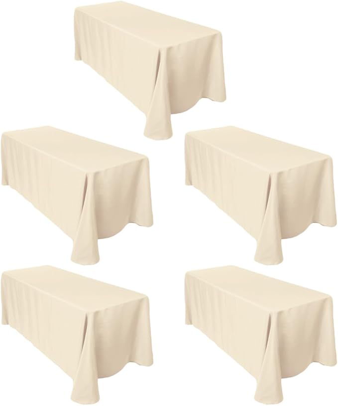 LTC LINENS 5-Pack Rectangular Tablecloths 90 in x 132 in with Rounded Corners - Beige Table Cloths for 6 ft Rectangle Tables Floor Length - Polyester Fabric Cloth Table Covers for Wedding, Party