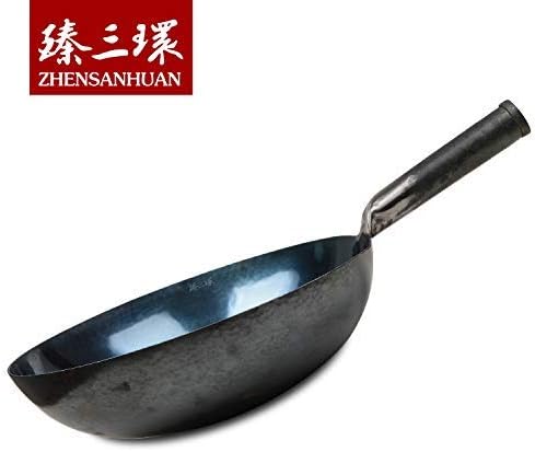 臻三环 ZhenSanHuan Chinese Hand Hammered Iron Woks and Stir Fry Pans, Non-stick, No Coating, Carbon Steel Pow (34CM, Blue Black - Seasoned)